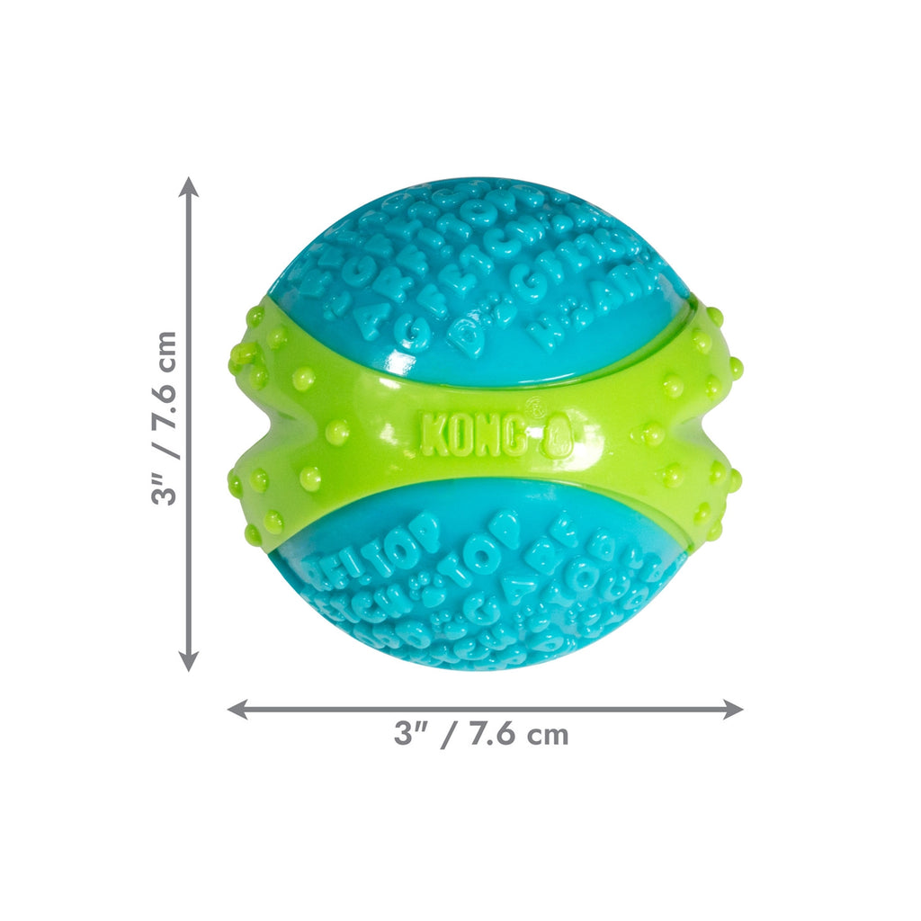 Pelota Dura "Corestrength" Kong color azul y verde, juguete resistente para perros con textura que ayuda a limpiar los dientes.