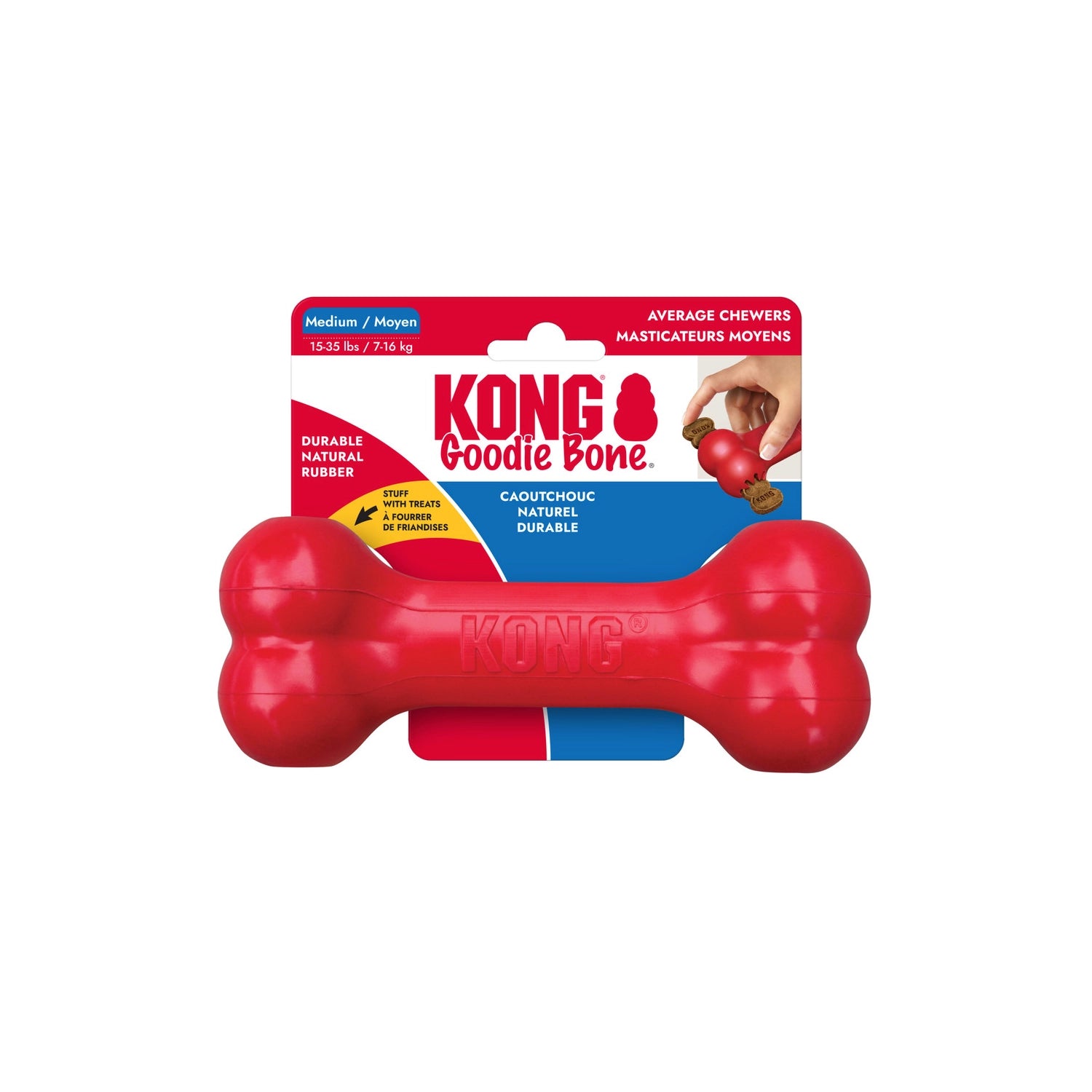 Hueso KONG "Goodie Bone" Clásico color rojo, juguete de goma resistente para perros con forma de hueso y espacio para premios.