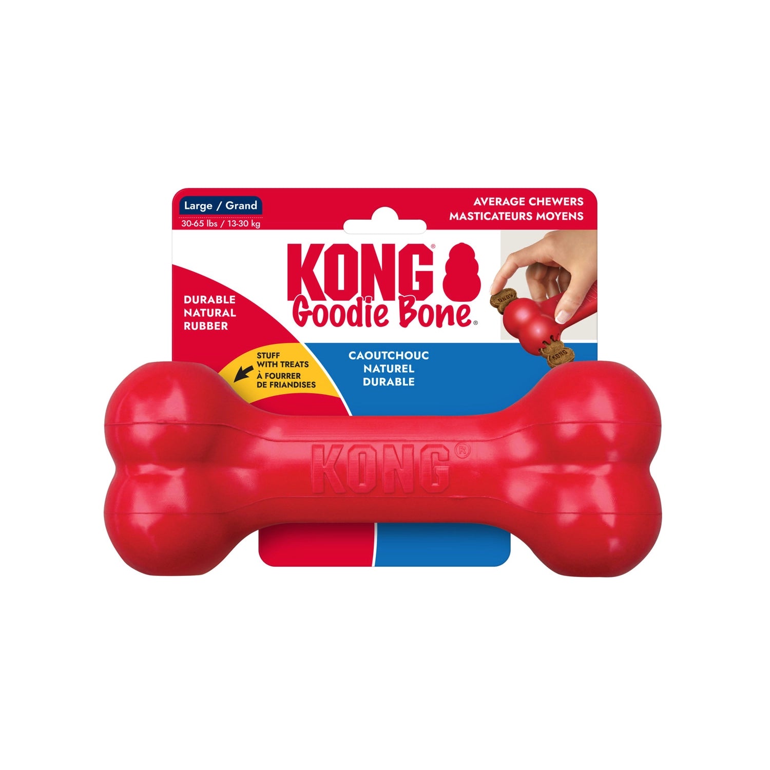Hueso KONG "Goodie Bone" Clásico color rojo, juguete de goma resistente para perros con forma de hueso y espacio para premios.