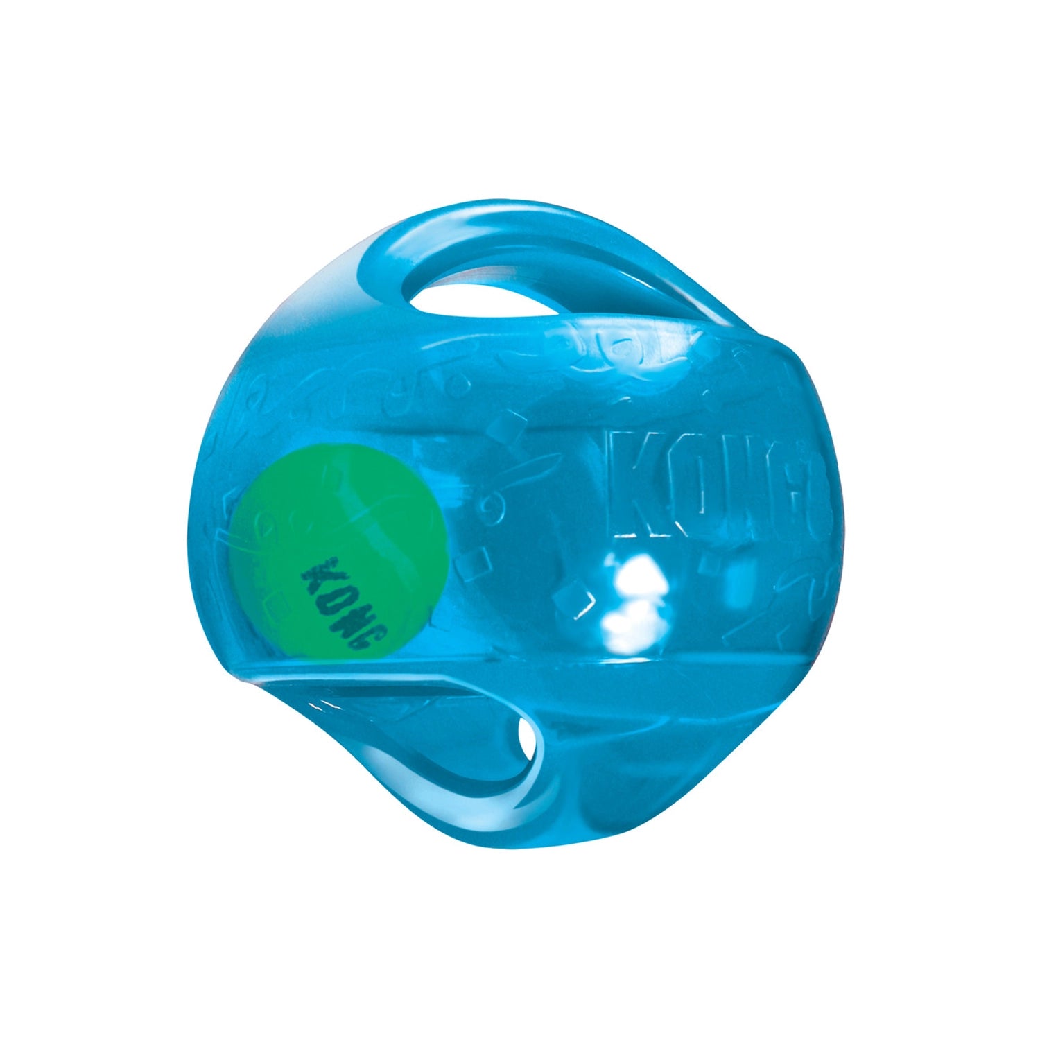 Pelota Kong "Jumbler Ball" color azul con pelota de tenis interior visible, juguete interactivo para perros con asas integradas.