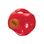 Pelota Kong "Jumbler Ball" color rojo con pelota de tenis interior visible, juguete interactivo para perros con asas integradas.
