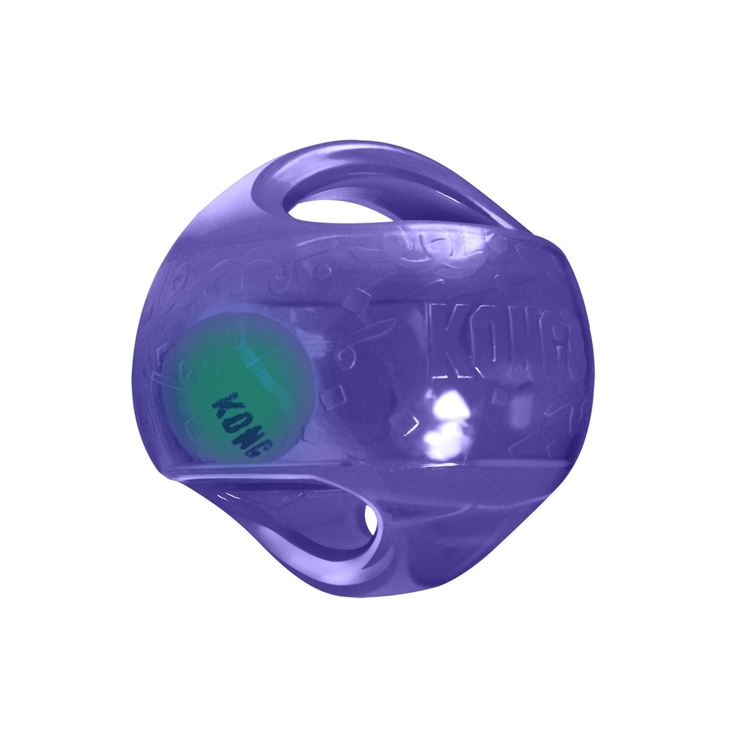 Pelota Kong "Jumbler Ball" color morado con pelota de tenis interior visible, juguete interactivo para perros con asas integradas.