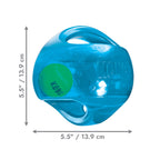 Pelota Kong "Jumbler Ball" color azul con pelota de tenis interior visible, juguete interactivo para perros con asas integradas.