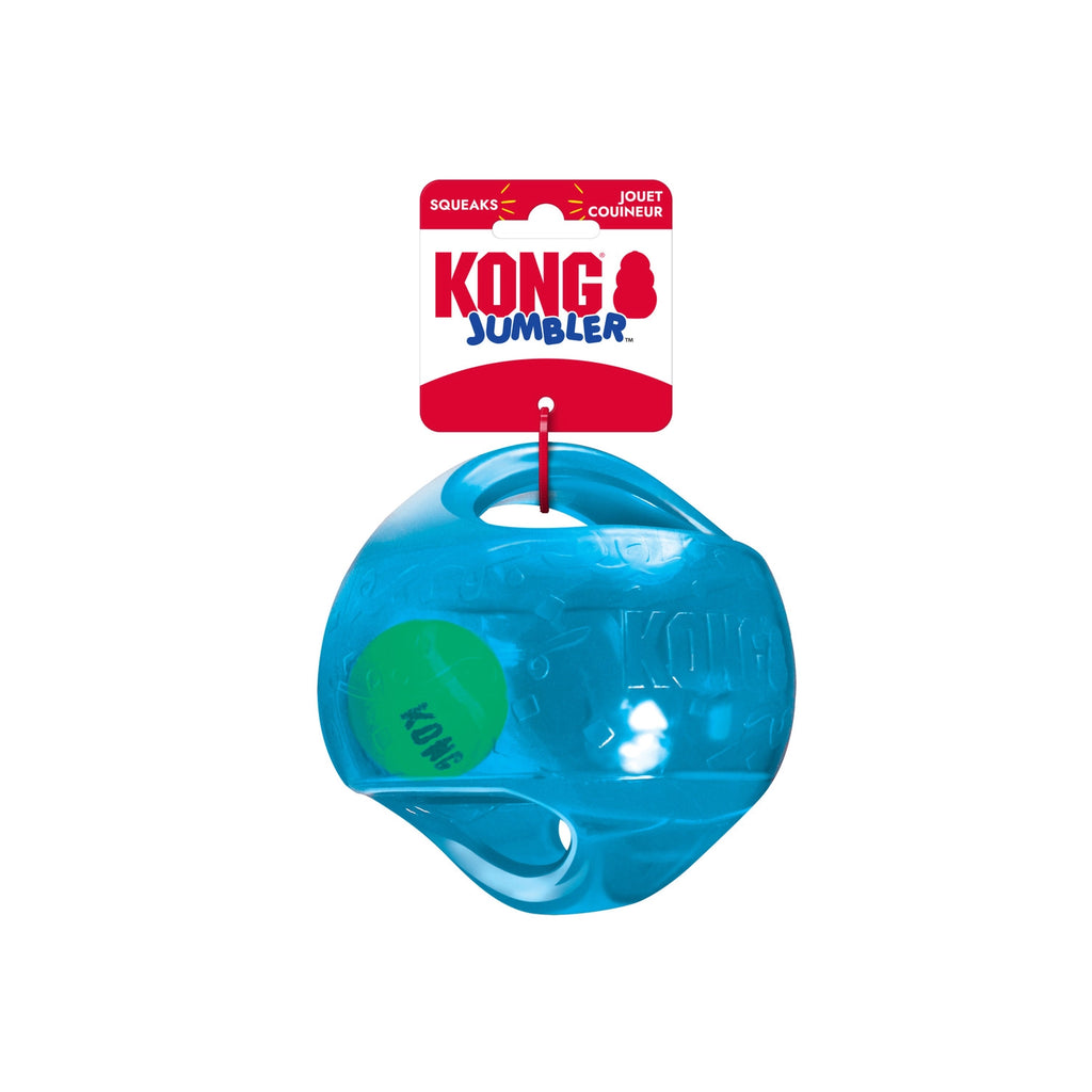 Pelota Kong "Jumbler Ball" color azul con pelota de tenis interior visible, juguete interactivo para perros con asas integradas.