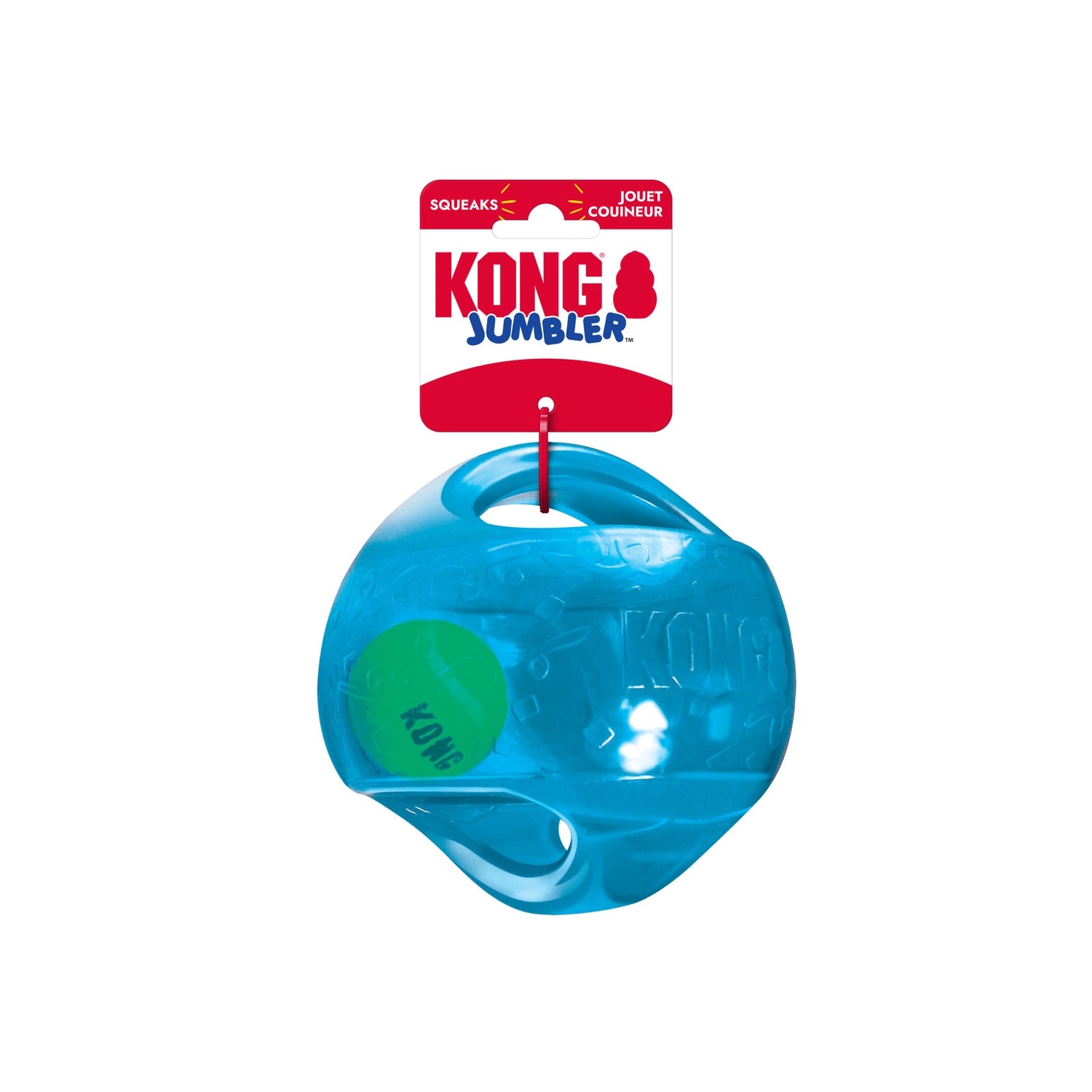 Pelota Kong "Jumbler Ball" color azul con pelota de tenis interior visible, juguete interactivo para perros con asas integradas.