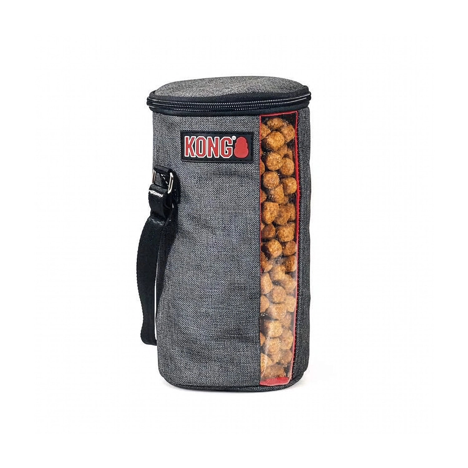 KONG Bolsa para Alimento Kibble Bag de tela gris con cierre superior, correa de transporte y ventana transparente con croquetas.