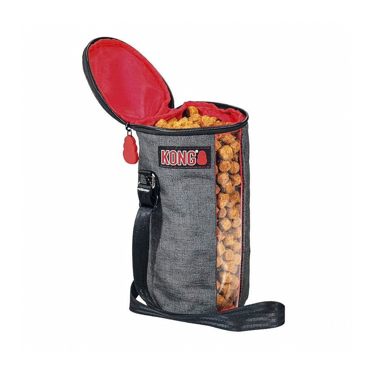 KONG Bolsa para Alimento Kibble Bag de tela gris con cierre superior, correa de transporte y ventana transparente con croquetas.