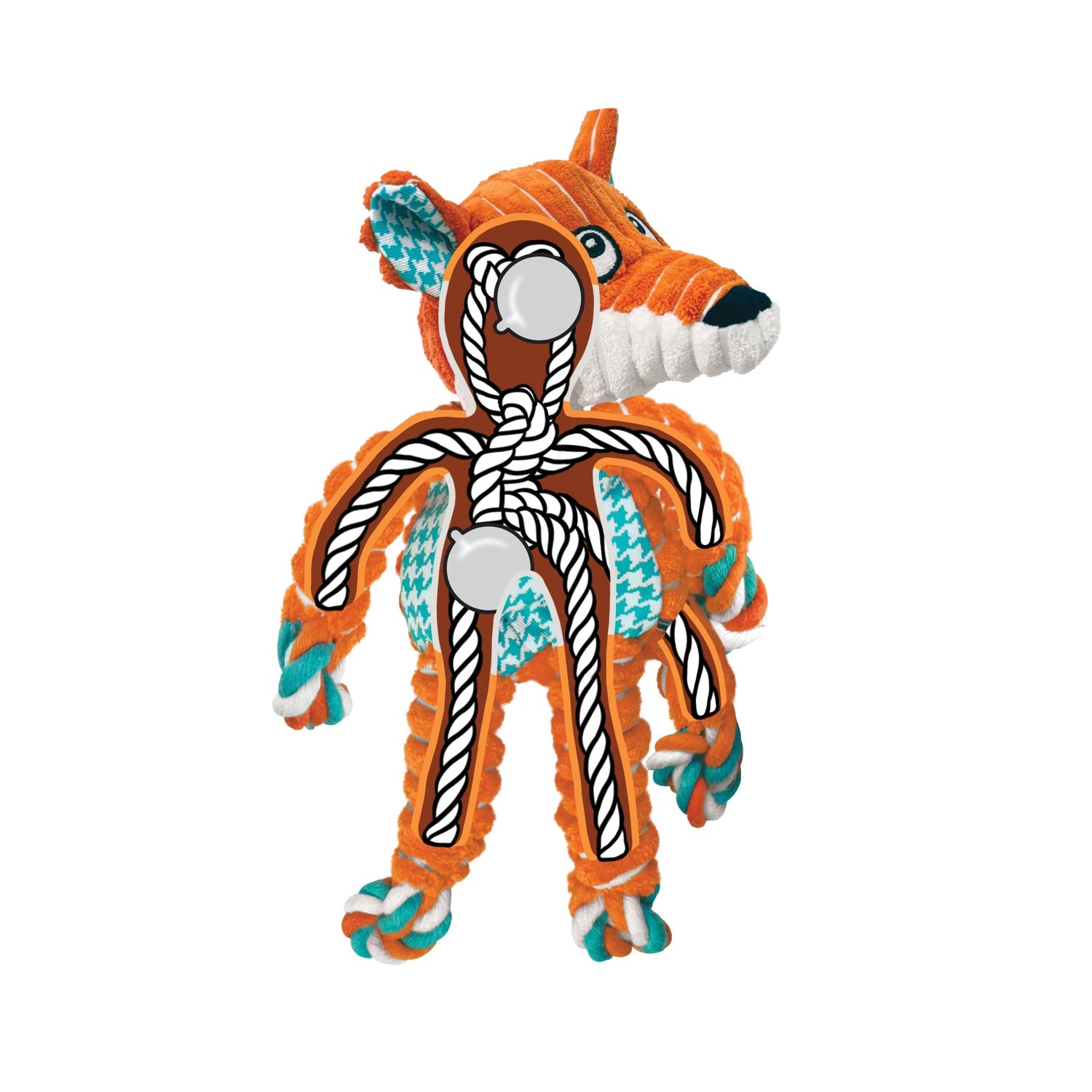 Peluche "Floppy Knots" Zorro Kong con cuerpo estampado y extremidades de cuerda anudada, ideal para morder y jugar.