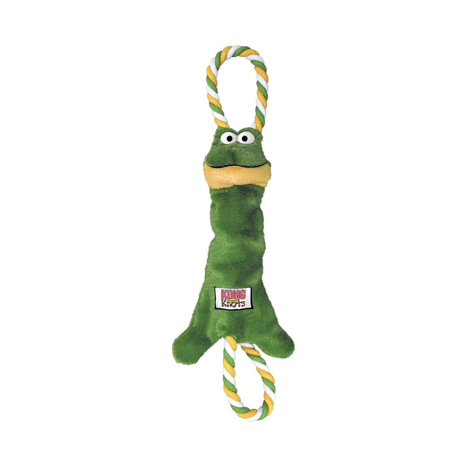Juguete KONG Tugger Knots Frog con diseño de rana verde, cuerpo de felpa y cuerdas resistentes para tirar y morder.