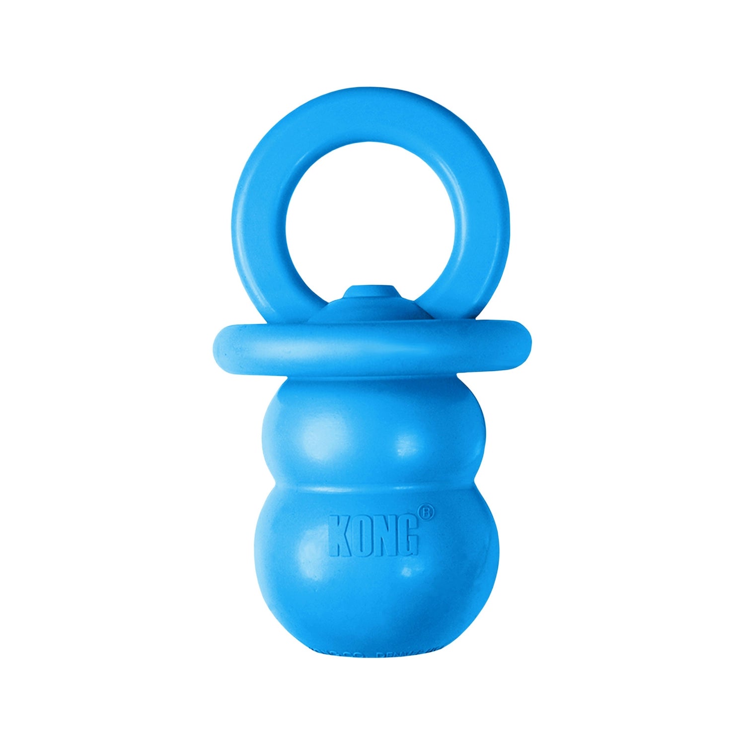 Juguete KONG Puppy Binkie azul con forma de chupete, fabricado en goma suave para cachorros en etapa de dentición.
