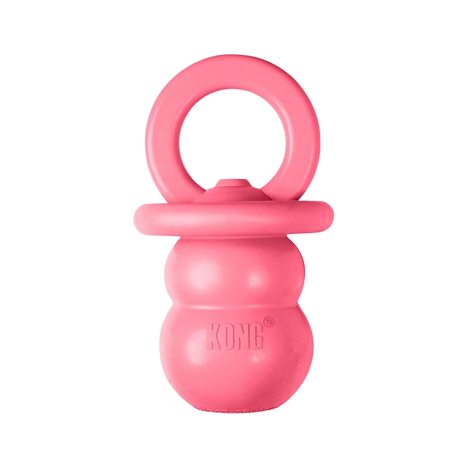 Juguete KONG Puppy Binkie rosado con forma de chupete, fabricado en goma suave para cachorros en etapa de dentición.