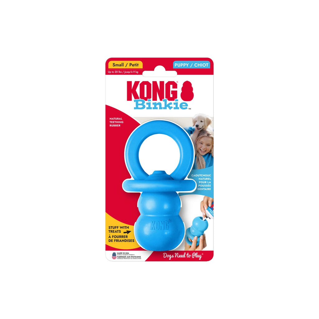 Juguete KONG Puppy Binkie azul con forma de chupete, fabricado en goma suave para cachorros en etapa de dentición.