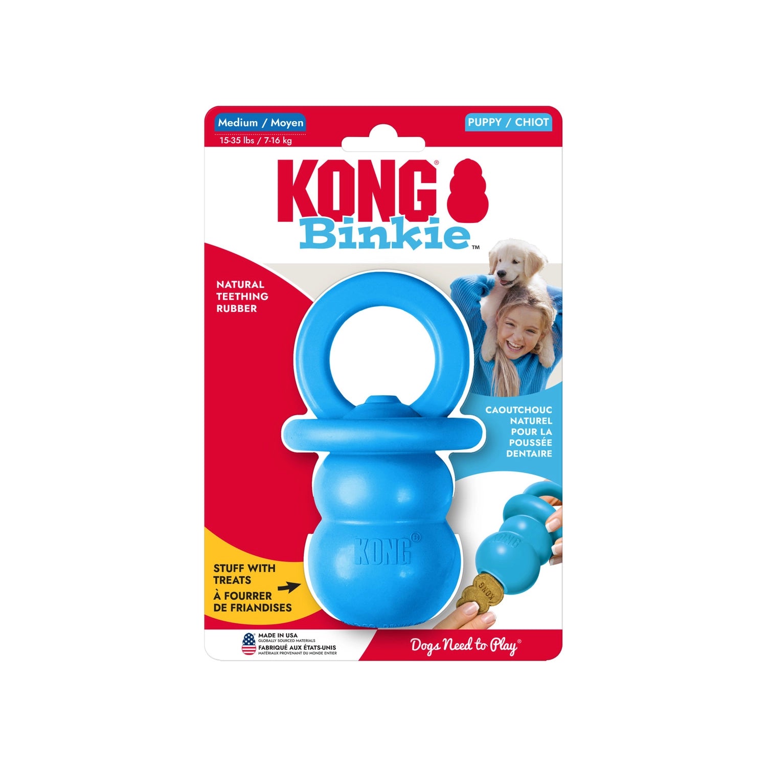 Juguete KONG Puppy Binkie azul con forma de chupete, fabricado en goma suave para cachorros en etapa de dentición.