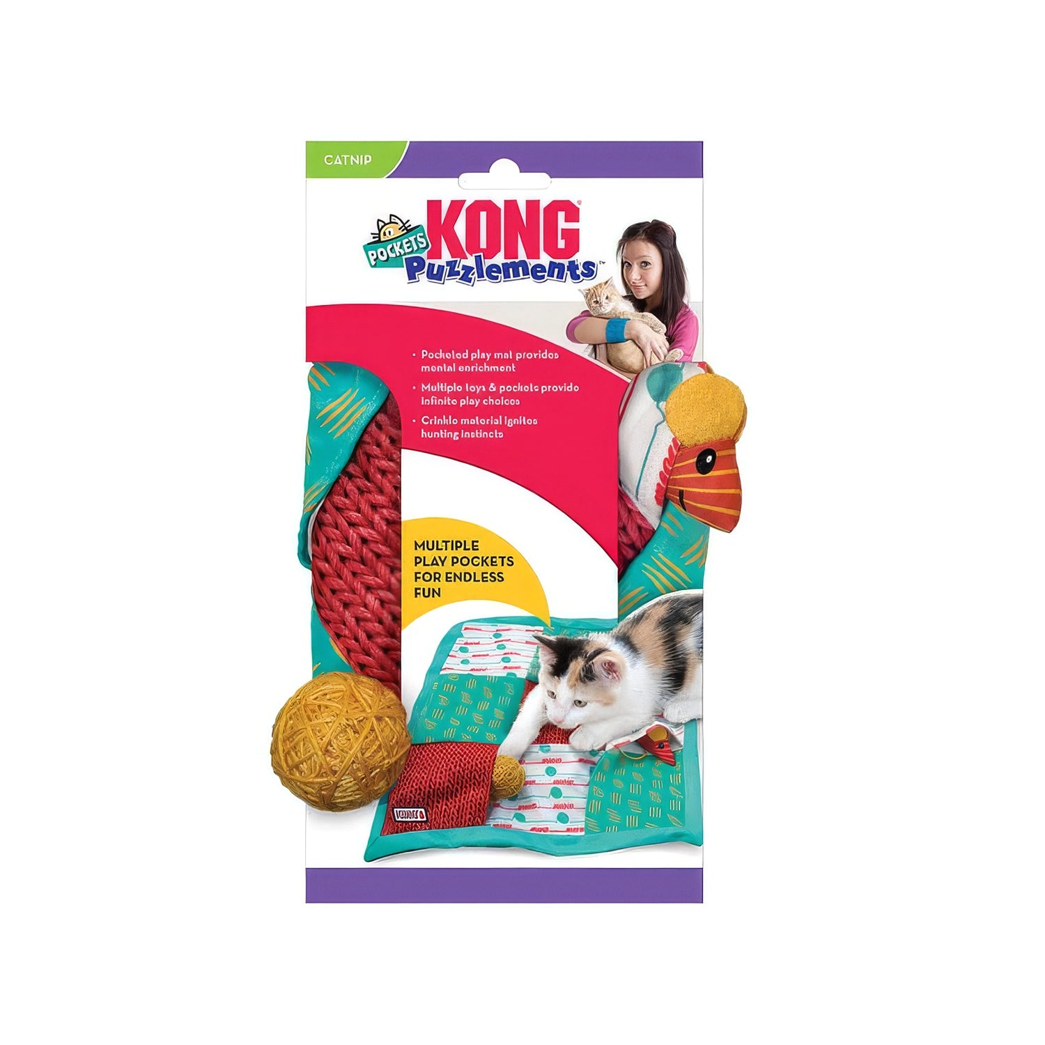 Juguete Kong Puzzlements Pockets para Gatos con bolsillos ocultos, texturas variadas y accesorios para estimular el juego.