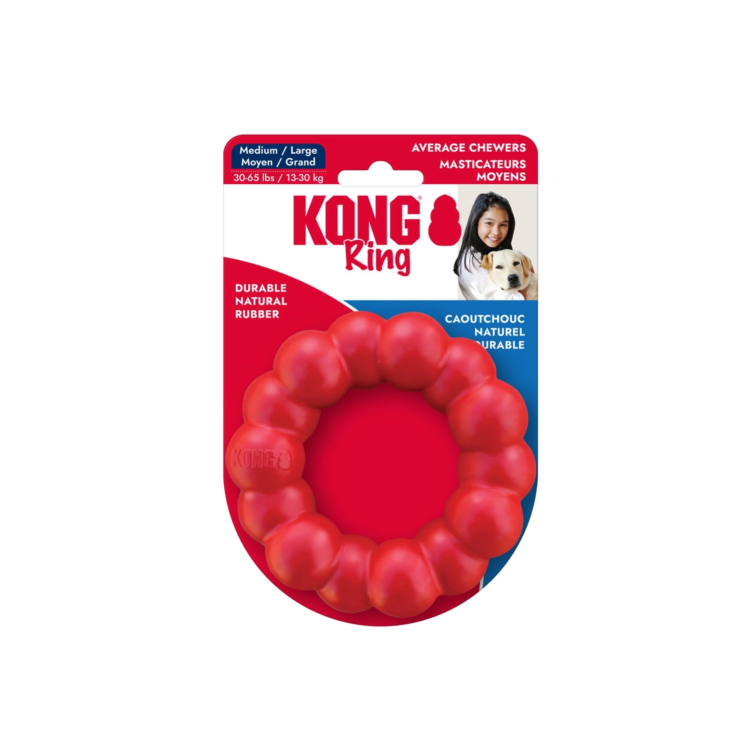 Juguete Kong Ring de caucho rojo con diseño circular texturizado y relieve de anillos, ideal para masticar y jugar.