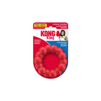 Juguete Kong Ring de caucho rojo con diseño circular texturizado y relieve de anillos, ideal para masticar y jugar.