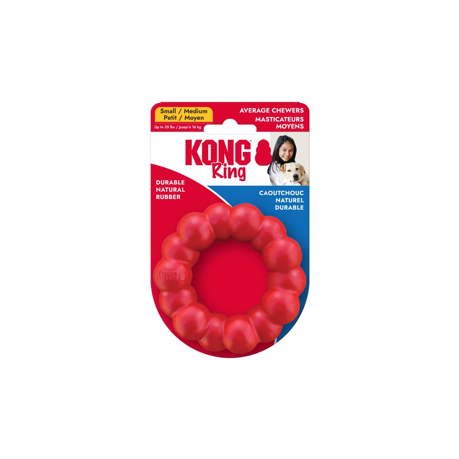 Juguete Kong Ring de caucho rojo con diseño circular texturizado y relieve de anillos, ideal para masticar y jugar.