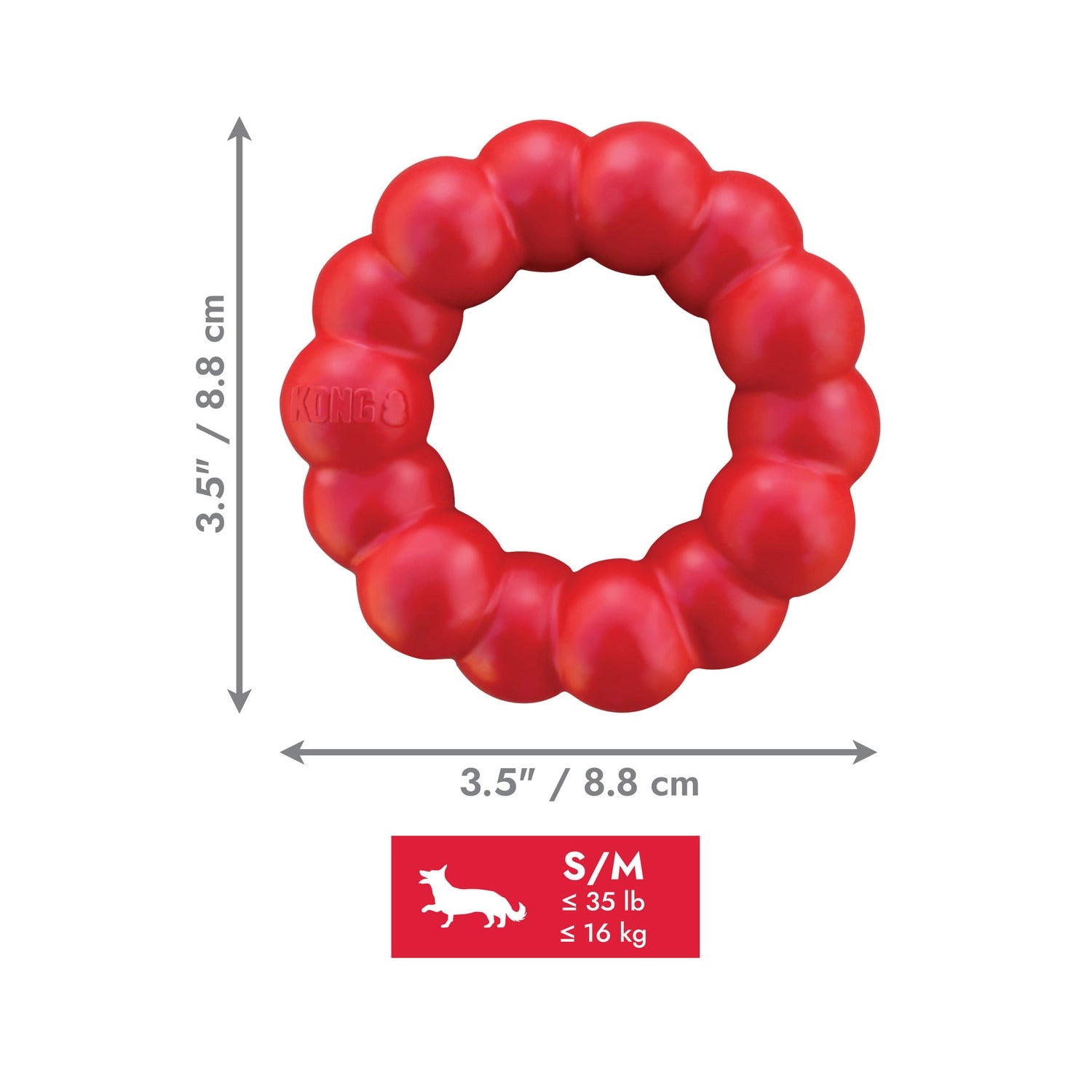Juguete Kong Ring de caucho rojo con diseño circular texturizado y relieve de anillos, ideal para masticar y jugar.