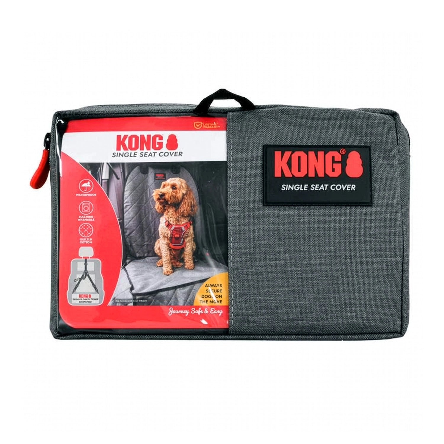 KONG Funda para Asiento Individual de Auto acolchada en color gris con bordes rojos, diseñada para proteger el asiento del vehículo.