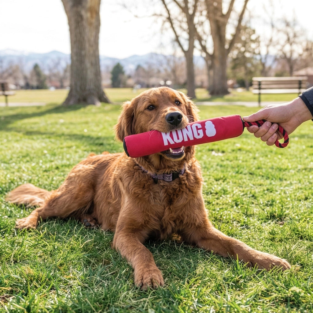 Kong Signature Juguete Stick con Cuerda de tela roja resistente, con asa de cuerda trenzada para lanzar y tirar.
