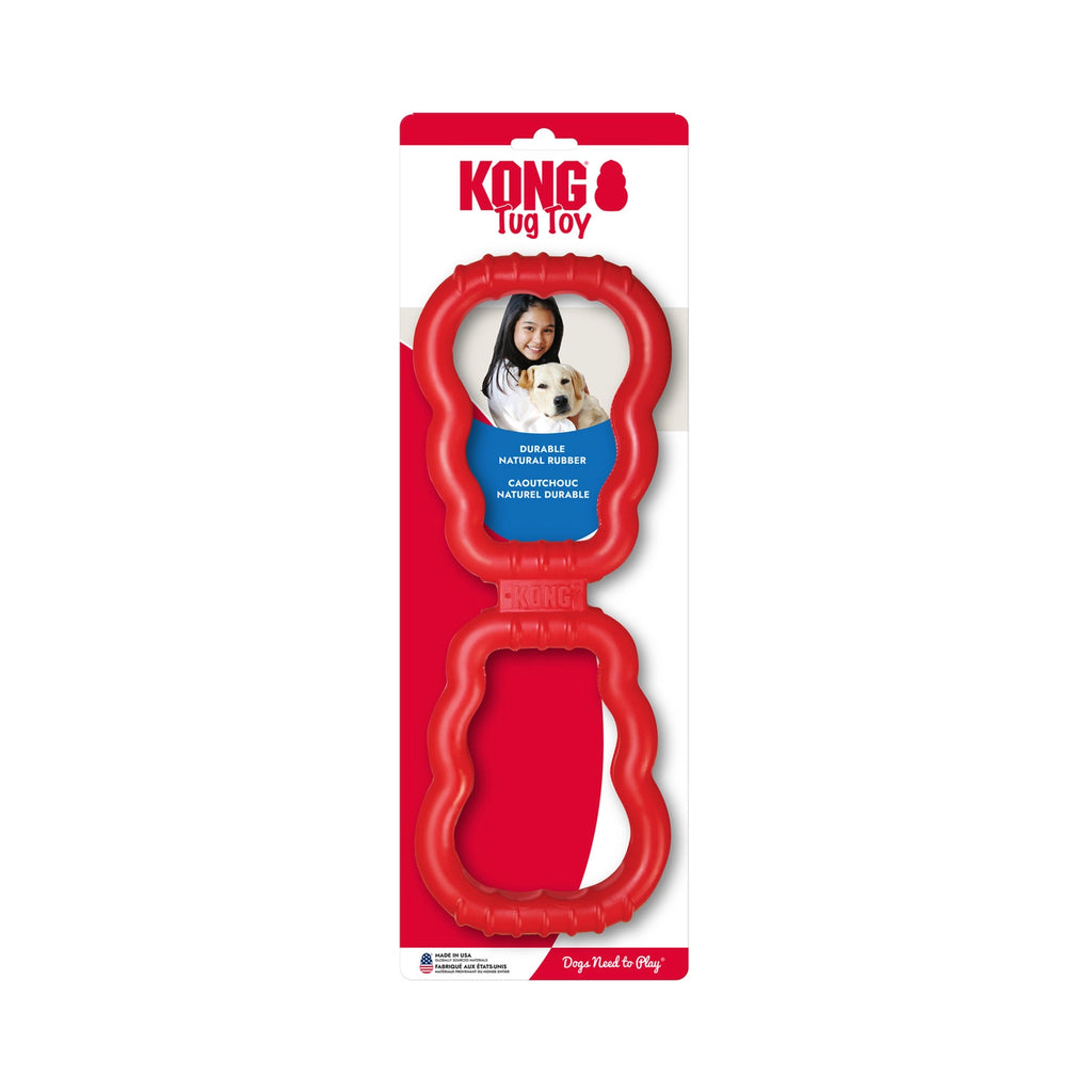 Juguete KONG Tug para Halar color rojo, mordedor de goma resistente con doble asa para juegos de tirar entre perro y dueño.
