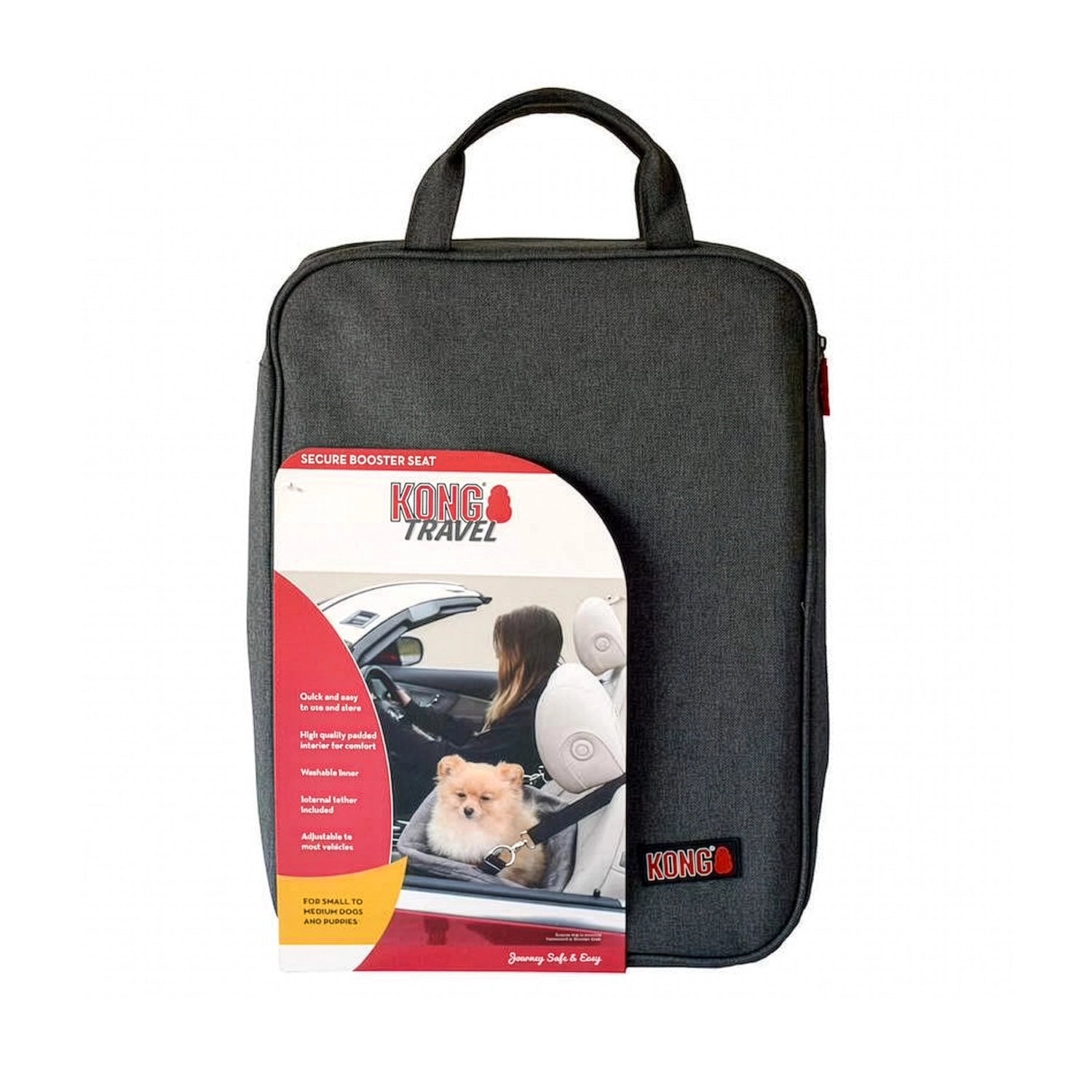 KONG Booster Seat Asiento Elevado para Auto en color gris con acolchado, correas de sujeción y diseño seguro para perros pequeños.