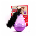 Juguete y Comedero KONG "Wobbler" para Gatos color morado con cola de felpa negra, diseñado para dispensar alimento y estimular el juego.