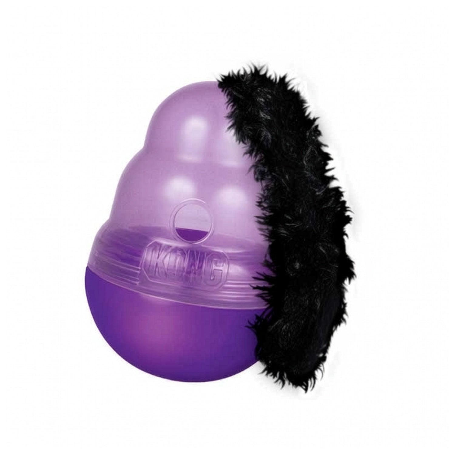 Juguete y Comedero KONG "Wobbler" para Gatos color morado con cola de felpa negra, diseñado para dispensar alimento y estimular el juego.