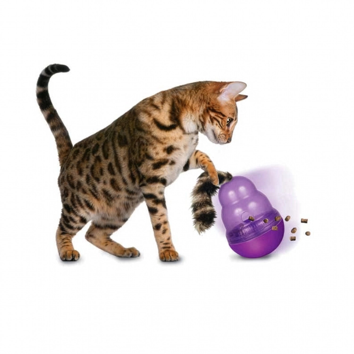 Juguete y Comedero KONG "Wobbler" para Gatos color morado con cola de felpa negra, diseñado para dispensar alimento y estimular el juego.