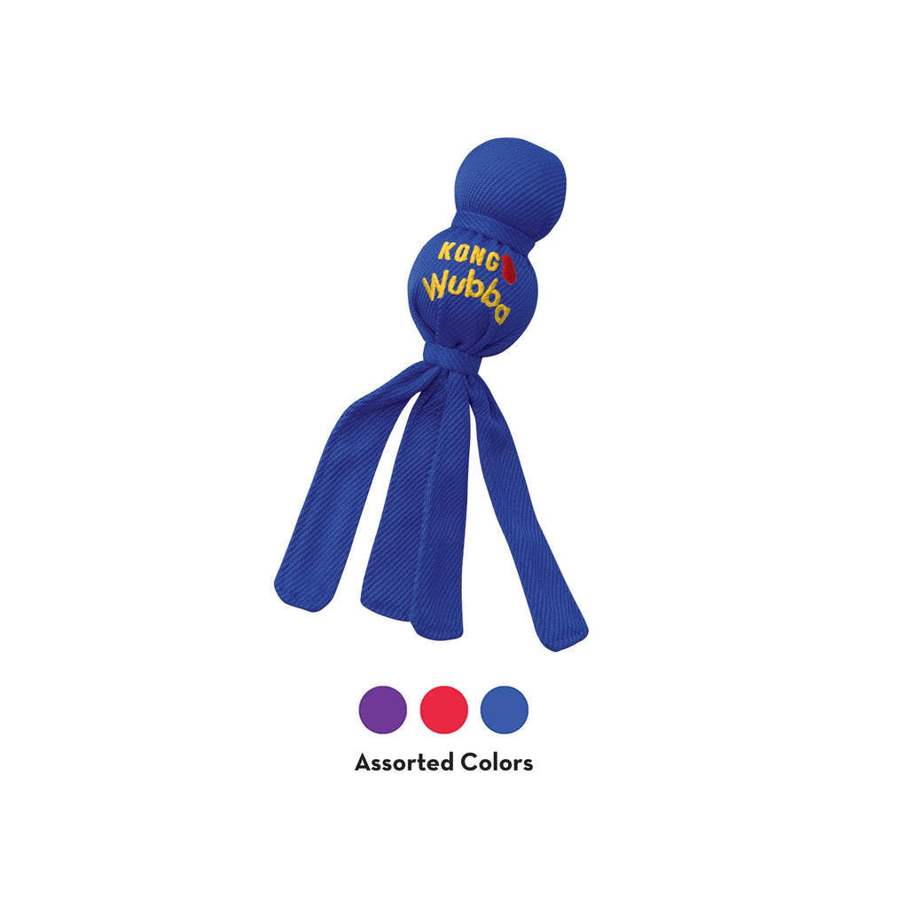 Juguete KONG WUBBA color azul para perros, diseño con pelota resistente y cintas largas para lanzar, tirar y jugar.
