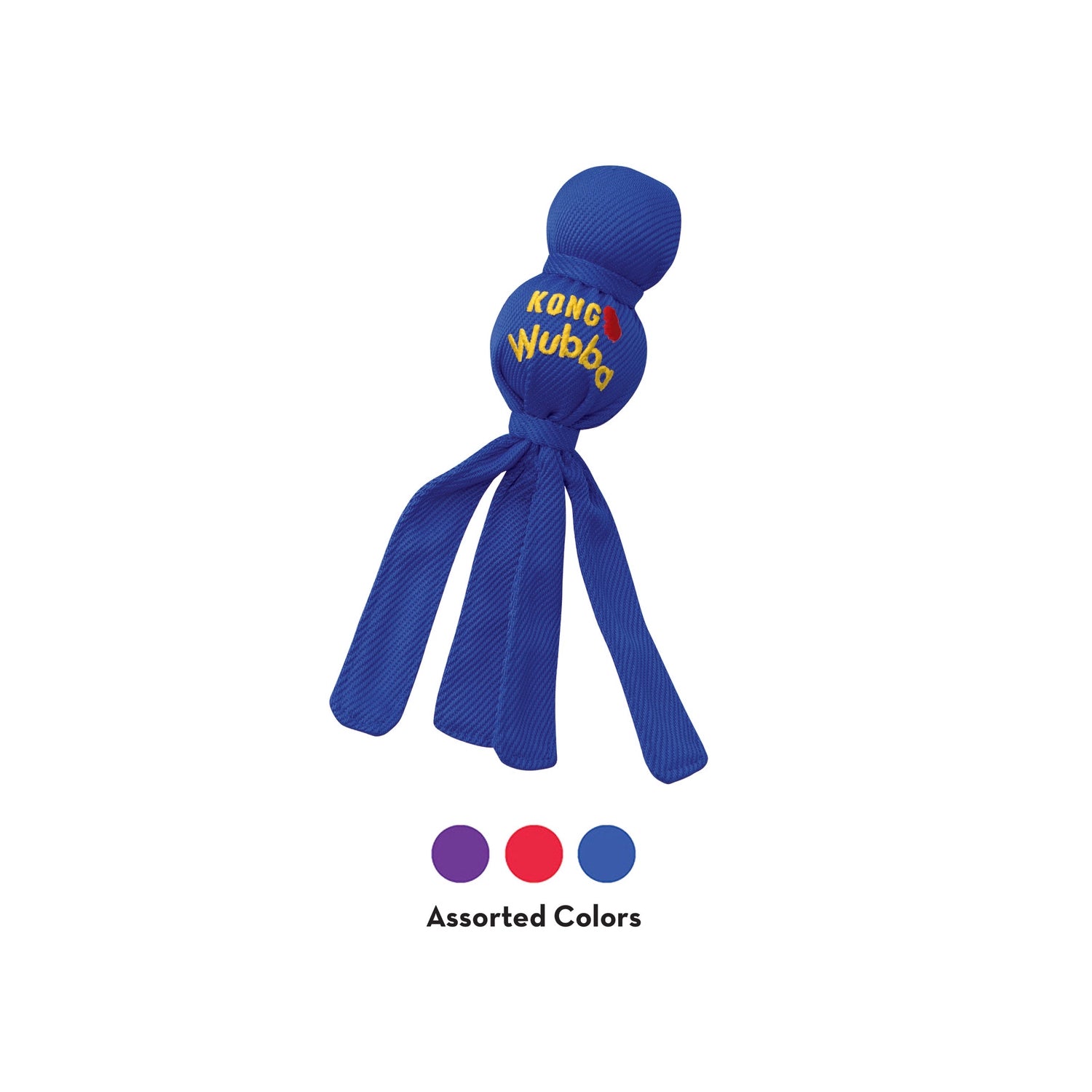 Juguete KONG WUBBA color azul para perros, diseño con pelota resistente y cintas largas para lanzar, tirar y jugar.