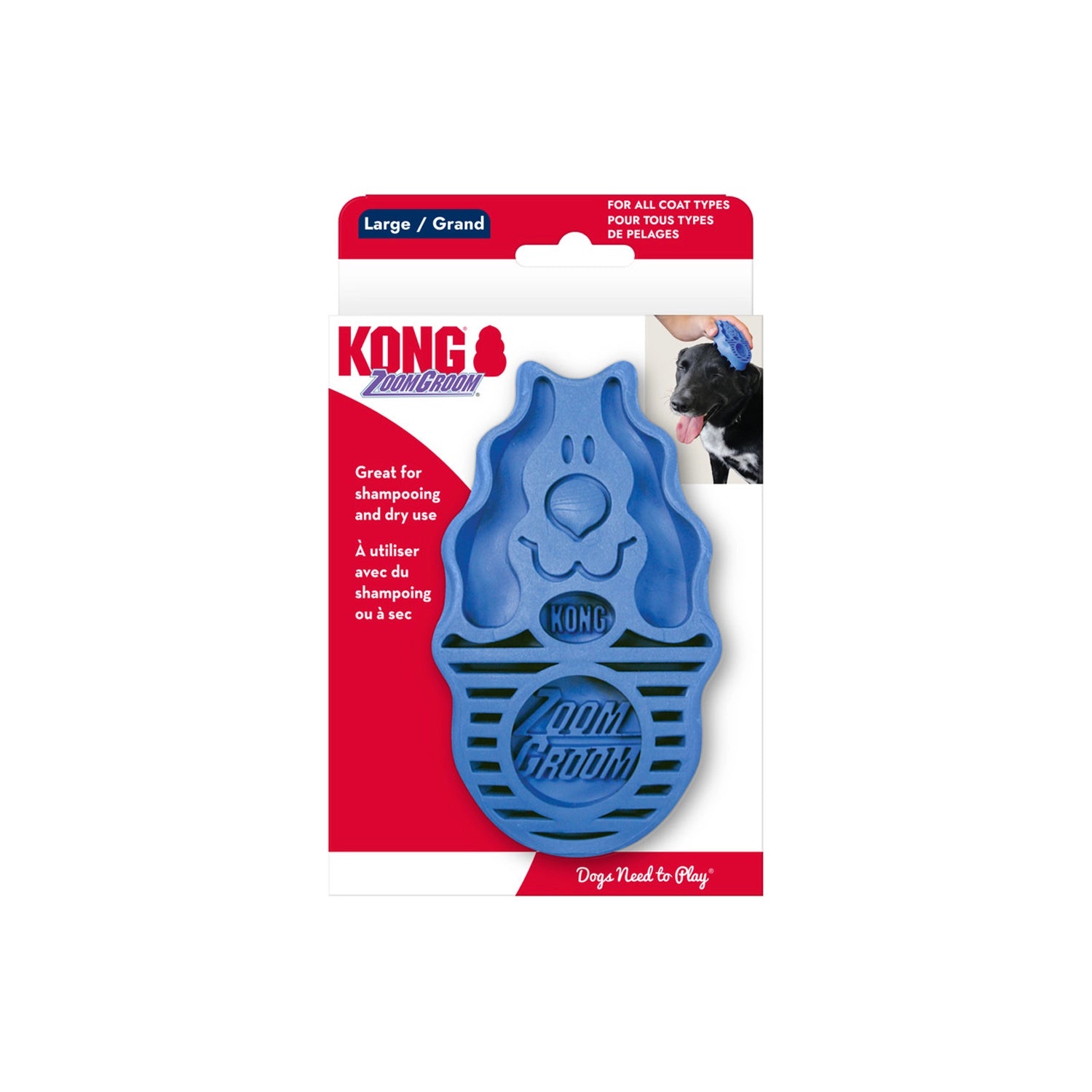 Cepillo Kong Zoom Groom para Perros color azul, herramienta de goma flexible con púas suaves para masaje y eliminación de pelo.