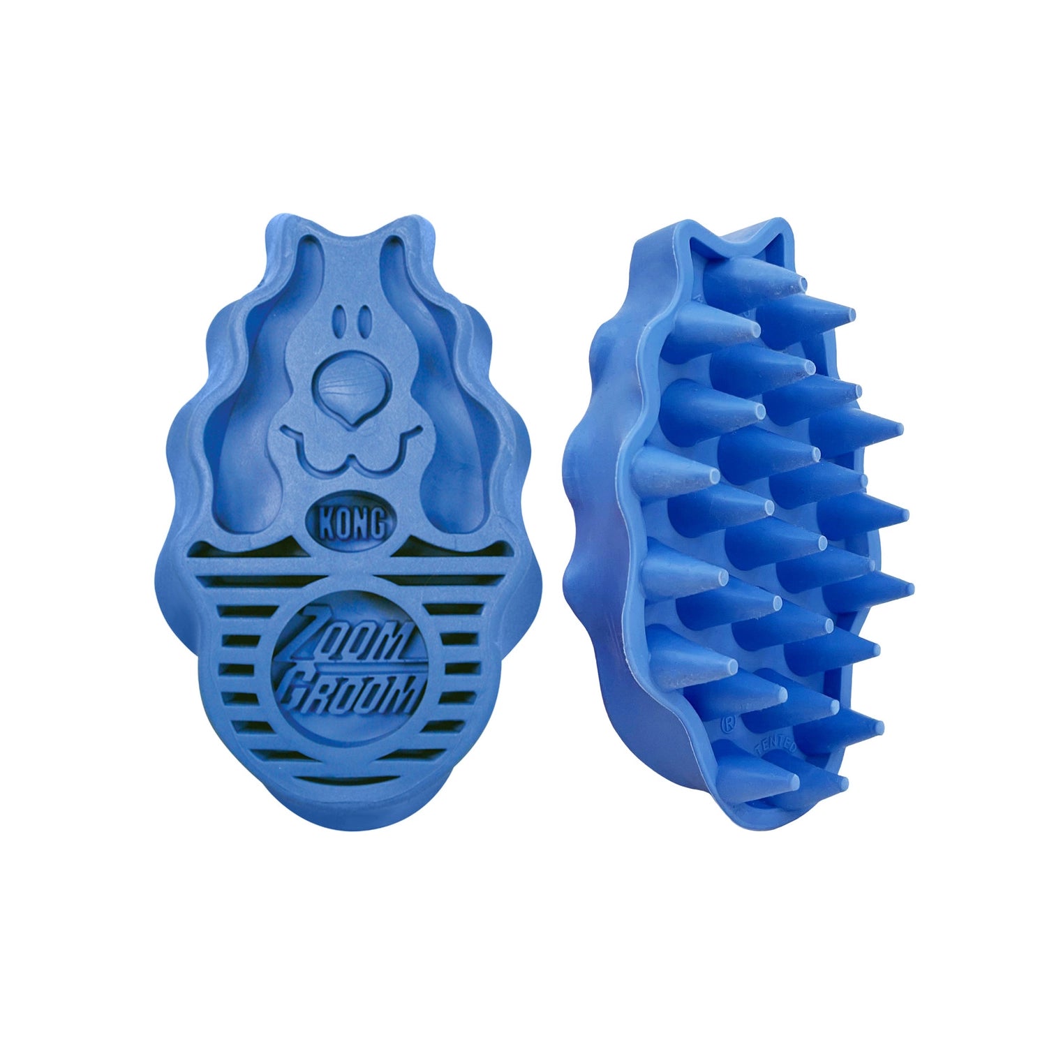 Cepillo Kong Zoom Groom para Perros color azul, herramienta de goma flexible con púas suaves para masaje y eliminación de pelo.