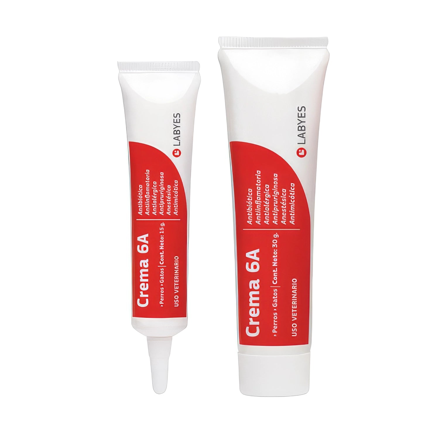 Crema 6A Labyes en tubos de 15 g y 30 g para perros y gatos, presentación veterinaria de uso tópico con envase blanco y rojo.