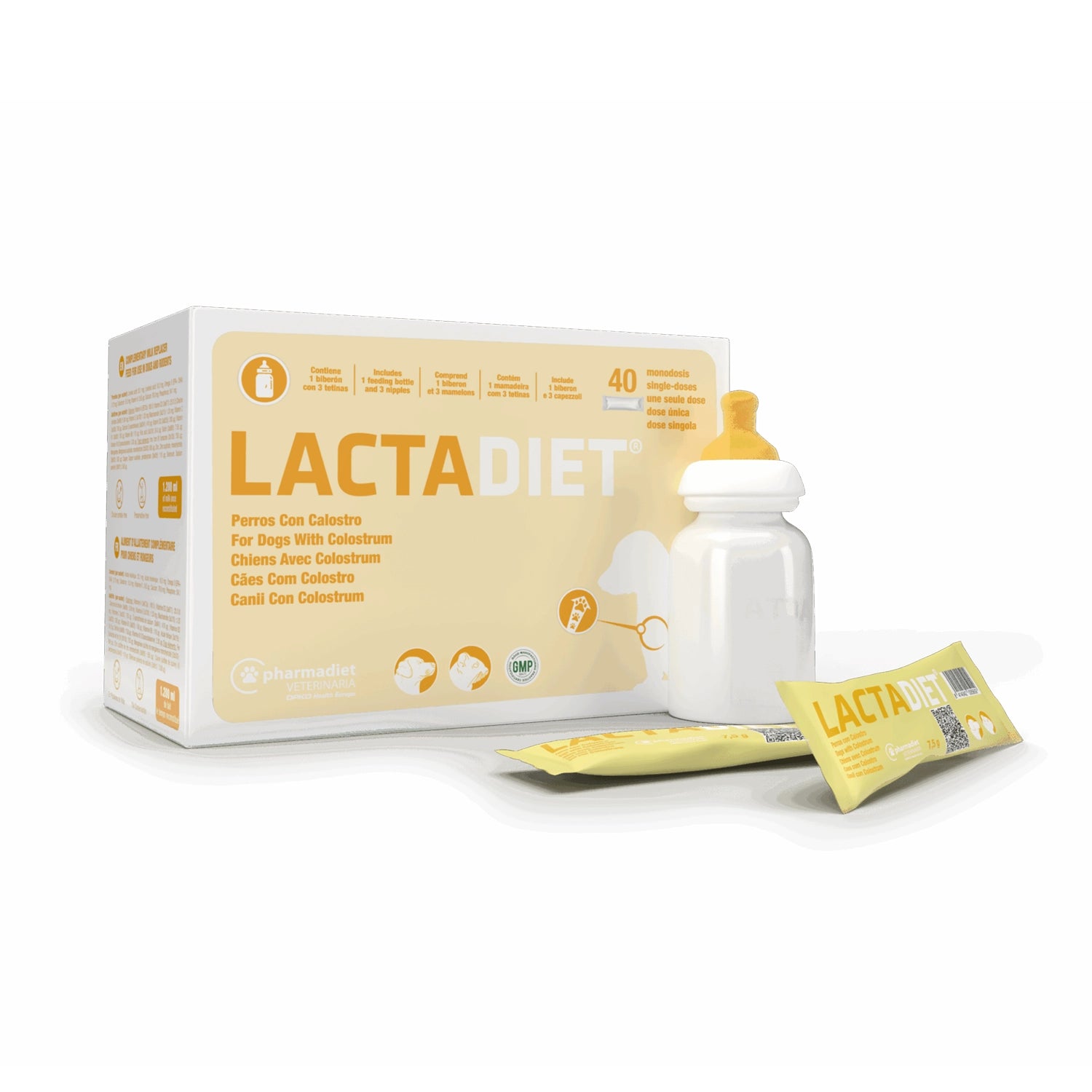 LACTADIET Calostro Perro + mamadera, kit con fórmula de calostro para cachorros, mamadera y sobres monodosis visibles.