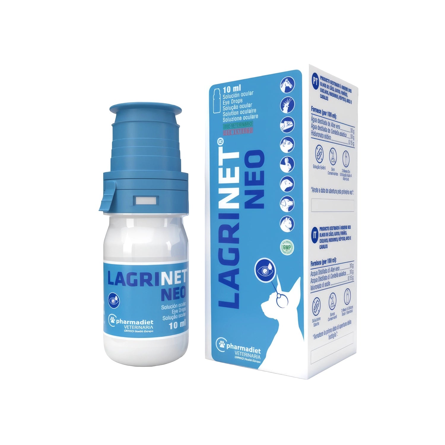Lagrinet Neo solución ocular veterinaria de 10 ml junto a su caja, presentación para perros, gatos y otras mascotas.