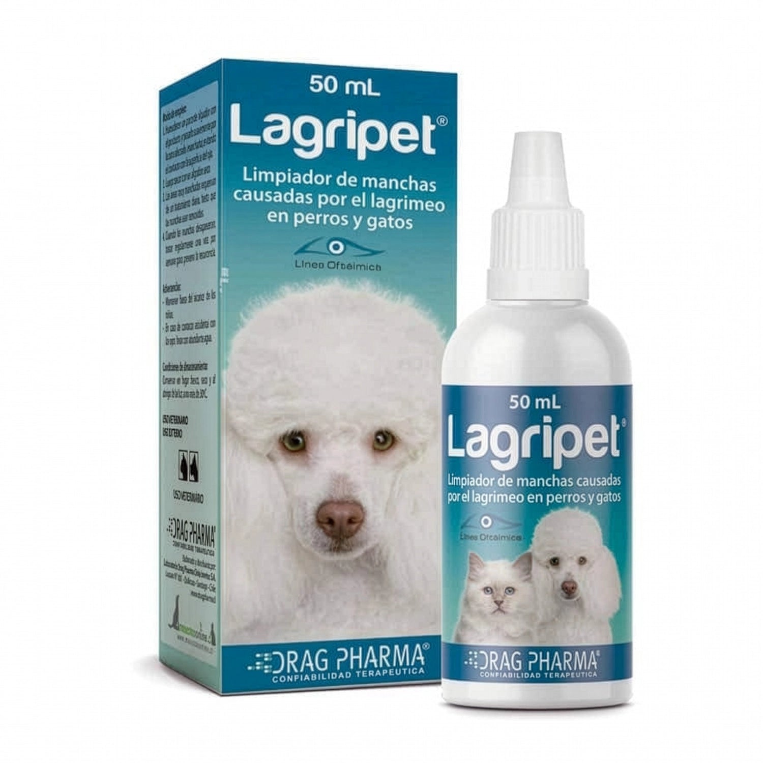 Lagripet Limpiador de Lágrimas 50 ml en botella y caja azul para eliminar manchas lagrimales en perros y gatos.