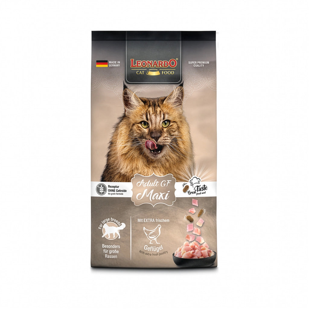 Leonardo Gato Adulto Maxi GF alimento seco para gatos grandes, bolsa beige con gato adulto y receta grain free.