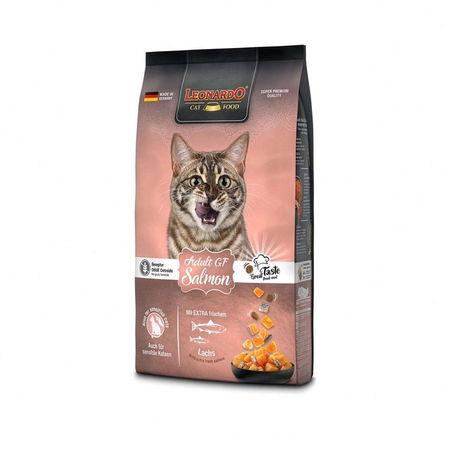 Leonardo Gato Adulto Salmon GF alimento para gatos sensibles, bolsa rosada con gato atigrado y salmón fresco.