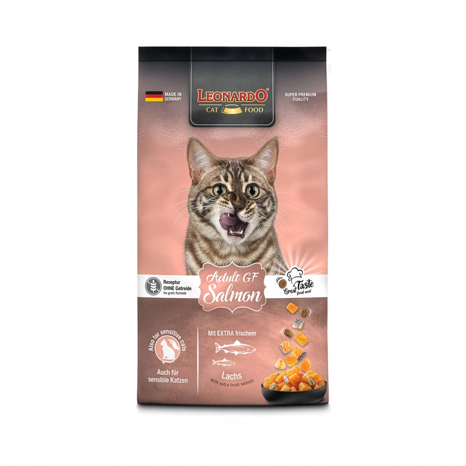 Leonardo Gato Adulto Salmon GF alimento para gatos sensibles, bolsa rosada con gato atigrado y salmón fresco.
