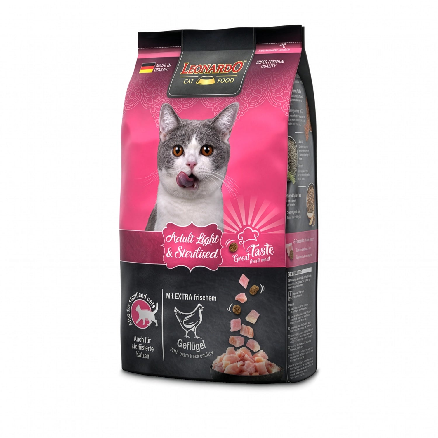 Bolsa Leonardo Gato Adulto Light & Sterilised para gatos adultos, diseño rosa con gato gris y pollo fresco.
