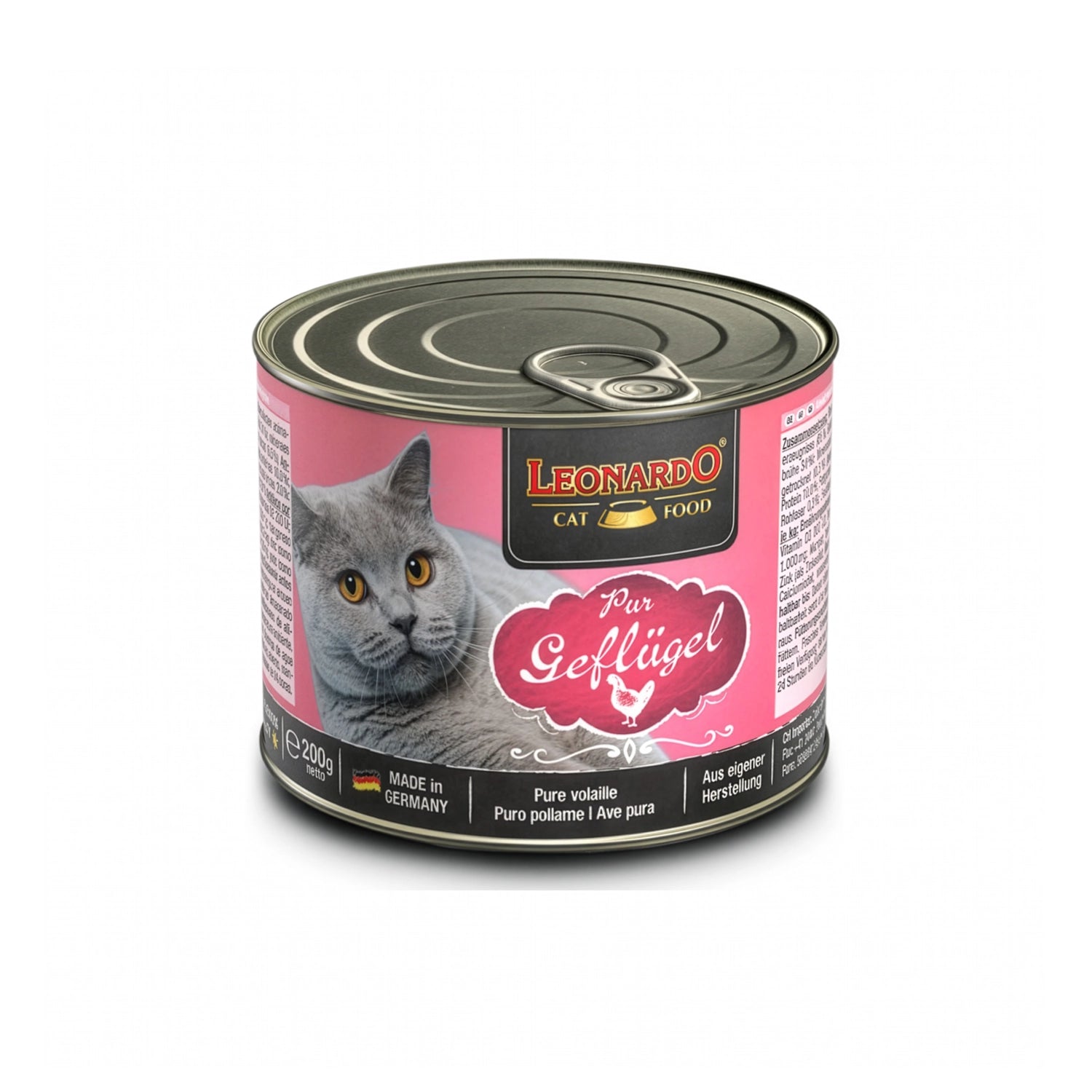Leonardo Lata Ave alimento húmedo para gatos 200 g, envase rosado con gato gris y receta elaborada con ave pura.