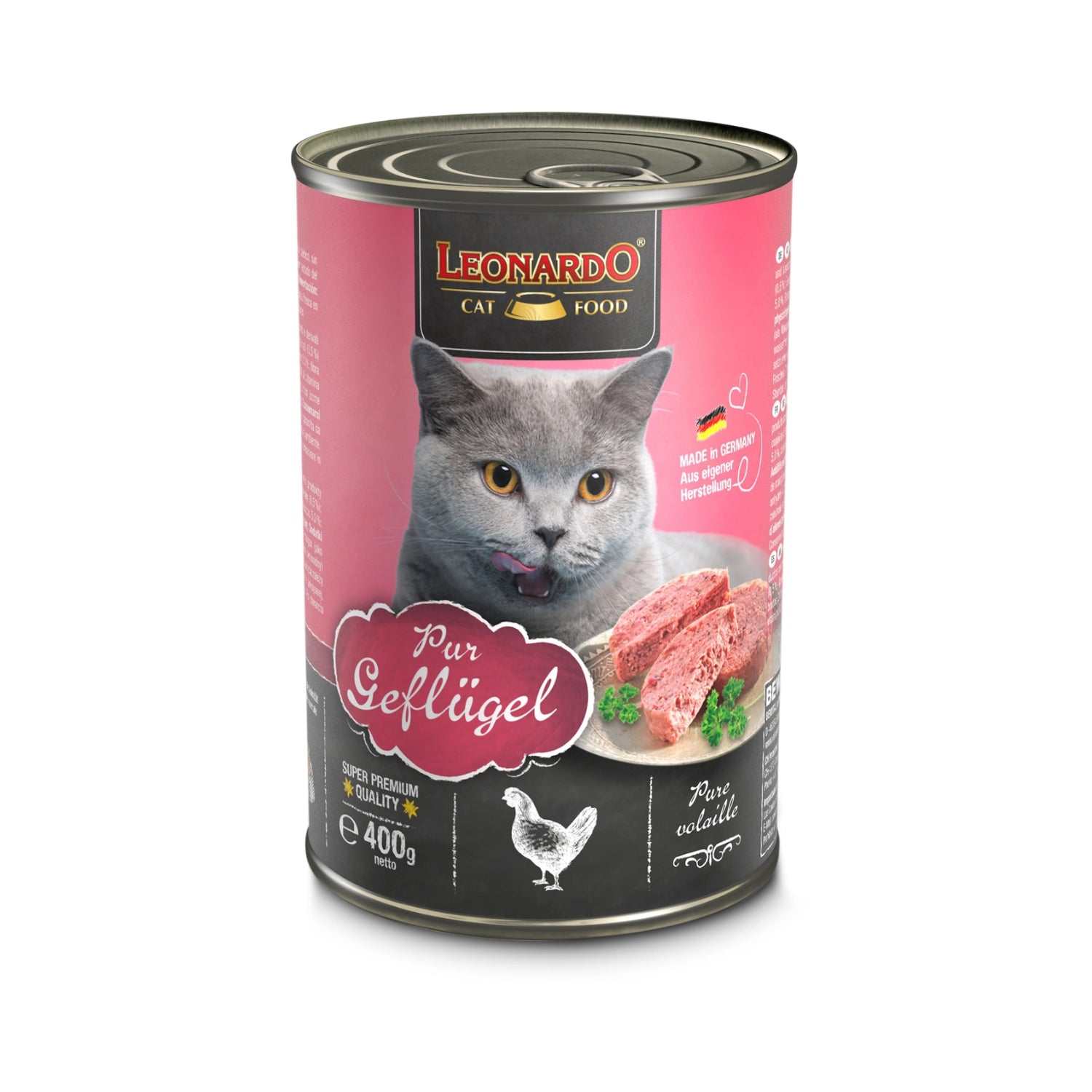 Leonardo Lata Ave alimento húmedo para gatos 400 g, envase rosado con gato gris y receta elaborada con ave pura.