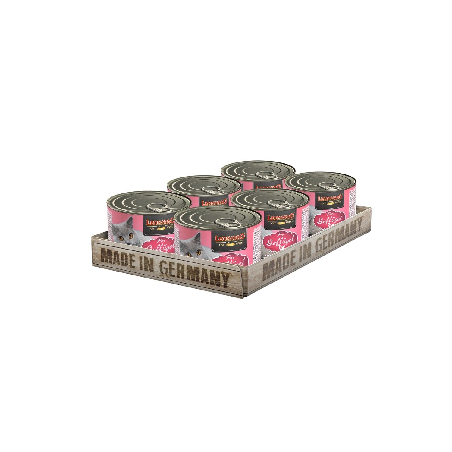 Leonardo Lata Ave alimento húmedo para gatos pack 6 latas, envase rosado con gato gris y receta elaborada con ave pura.