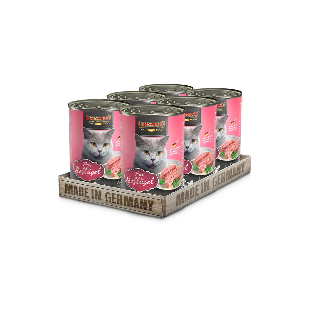 Leonardo Lata Ave alimento húmedo para gatos pack 6 latas, envase rosado con gato gris y receta elaborada con ave pura.