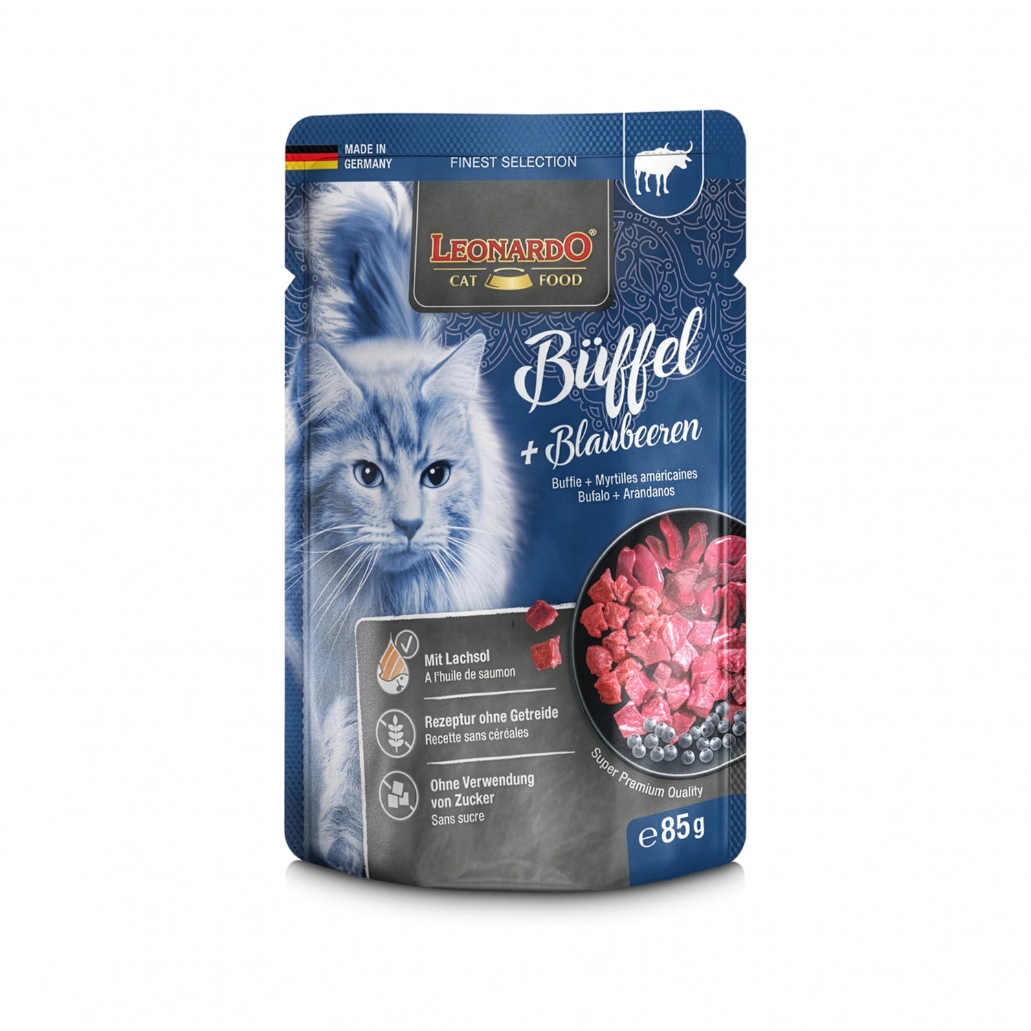 Leonardo Pouch Búfalo y Arándano alimento húmedo para gatos, envase azul con gato blanco y carne de búfalo.