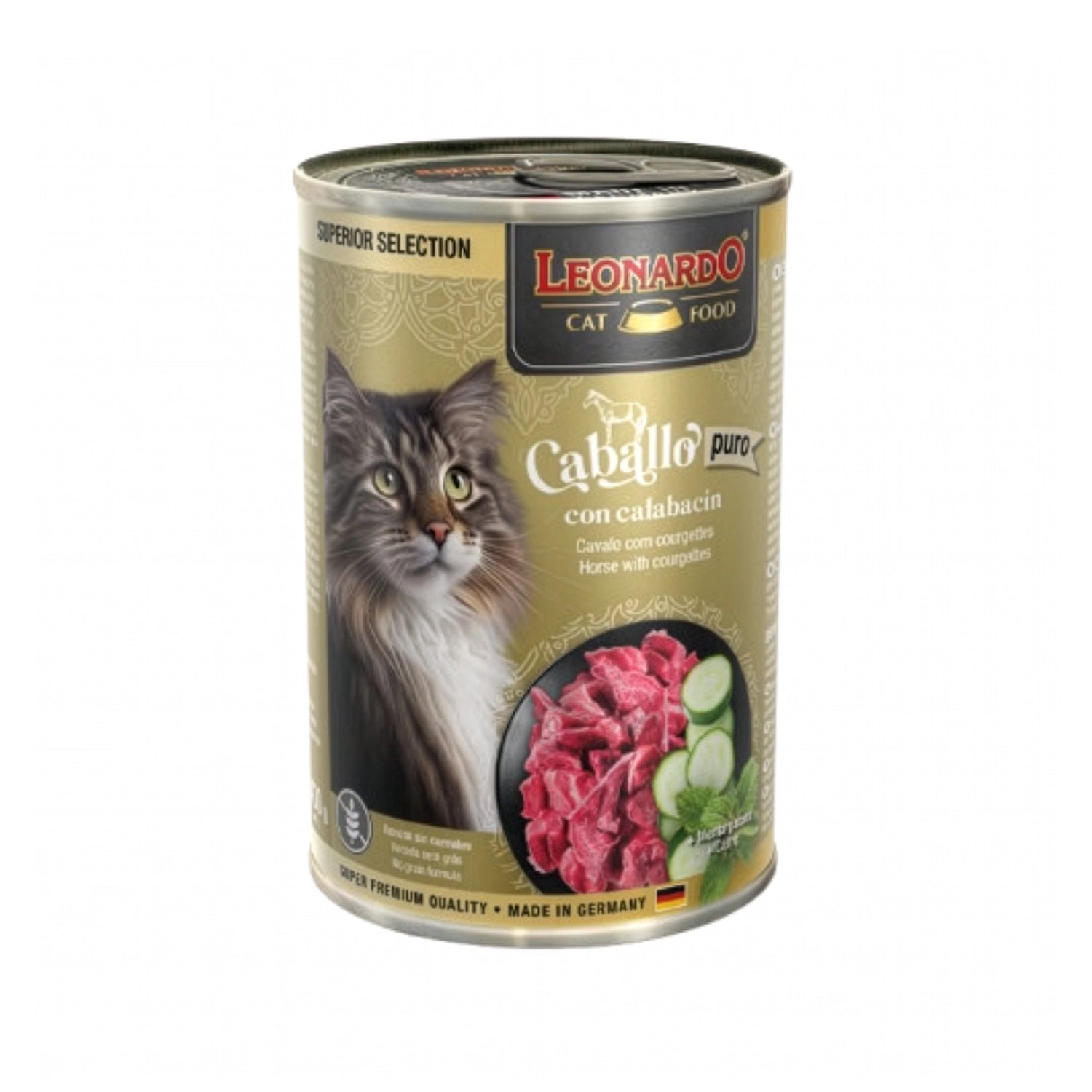 Leonardo Lata Superior Selection Caballo y Calabacín para gatos, alimento húmedo premium con carne y calabacín.