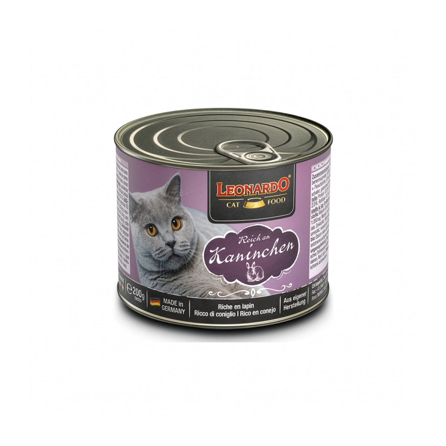 Leonardo Lata de Conejo alimento húmedo para gatos 200 g, envase lila con imagen de gato gris y receta rica en conejo.
