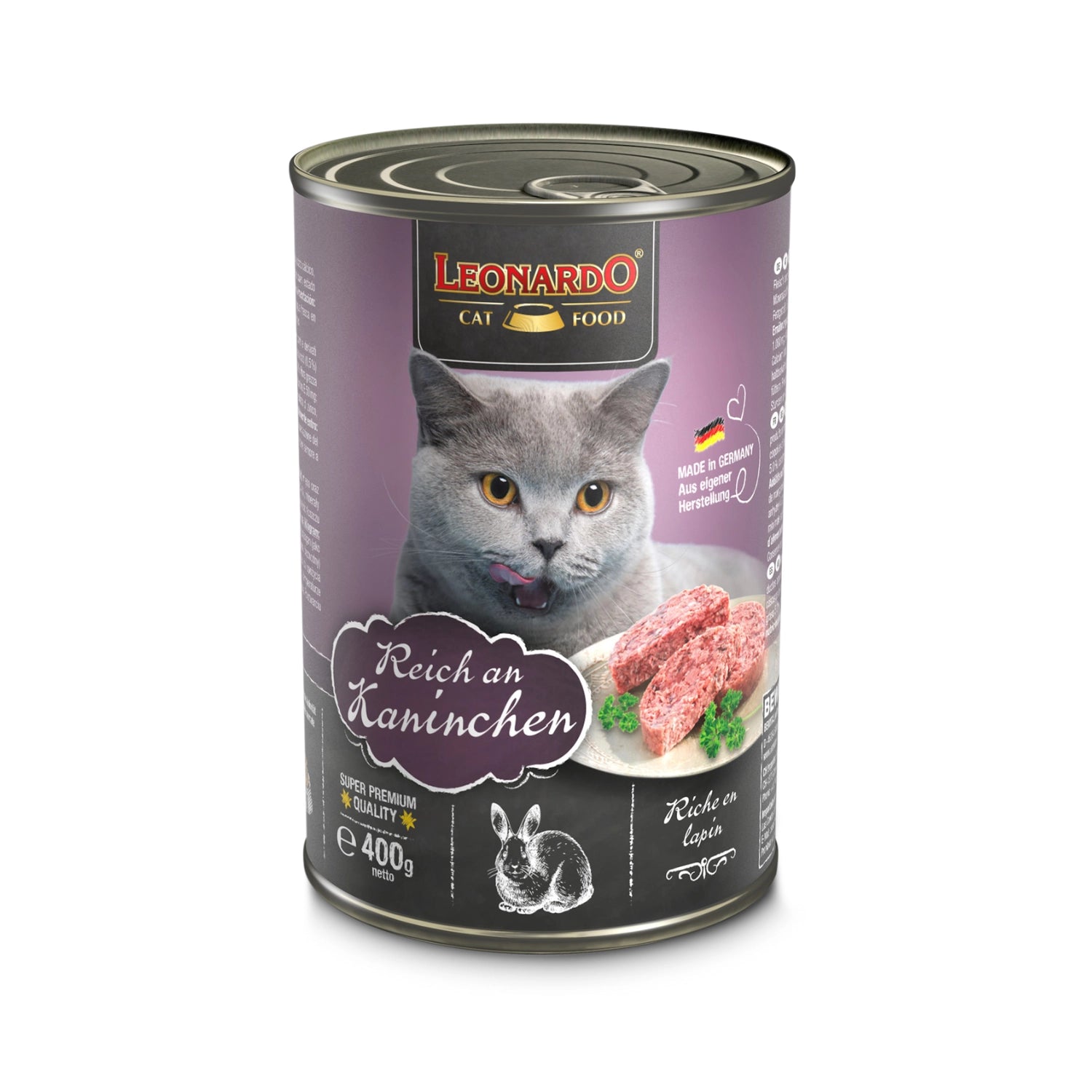 Leonardo Lata de Conejo alimento húmedo para gatos 400 g, envase lila con imagen de gato gris y receta rica en conejo.