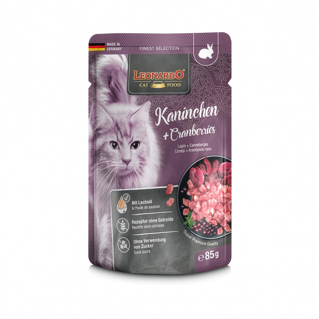 Leonardo Pouch Conejo y Arándano alimento húmedo para gatos, receta premium con conejo y arándanos rojos.
